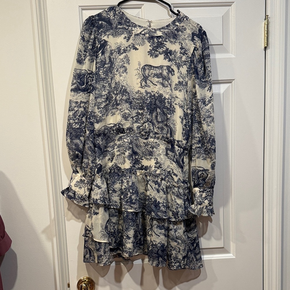 Aqua Cream and Navy Toile Long Sleeve Tiered Dress